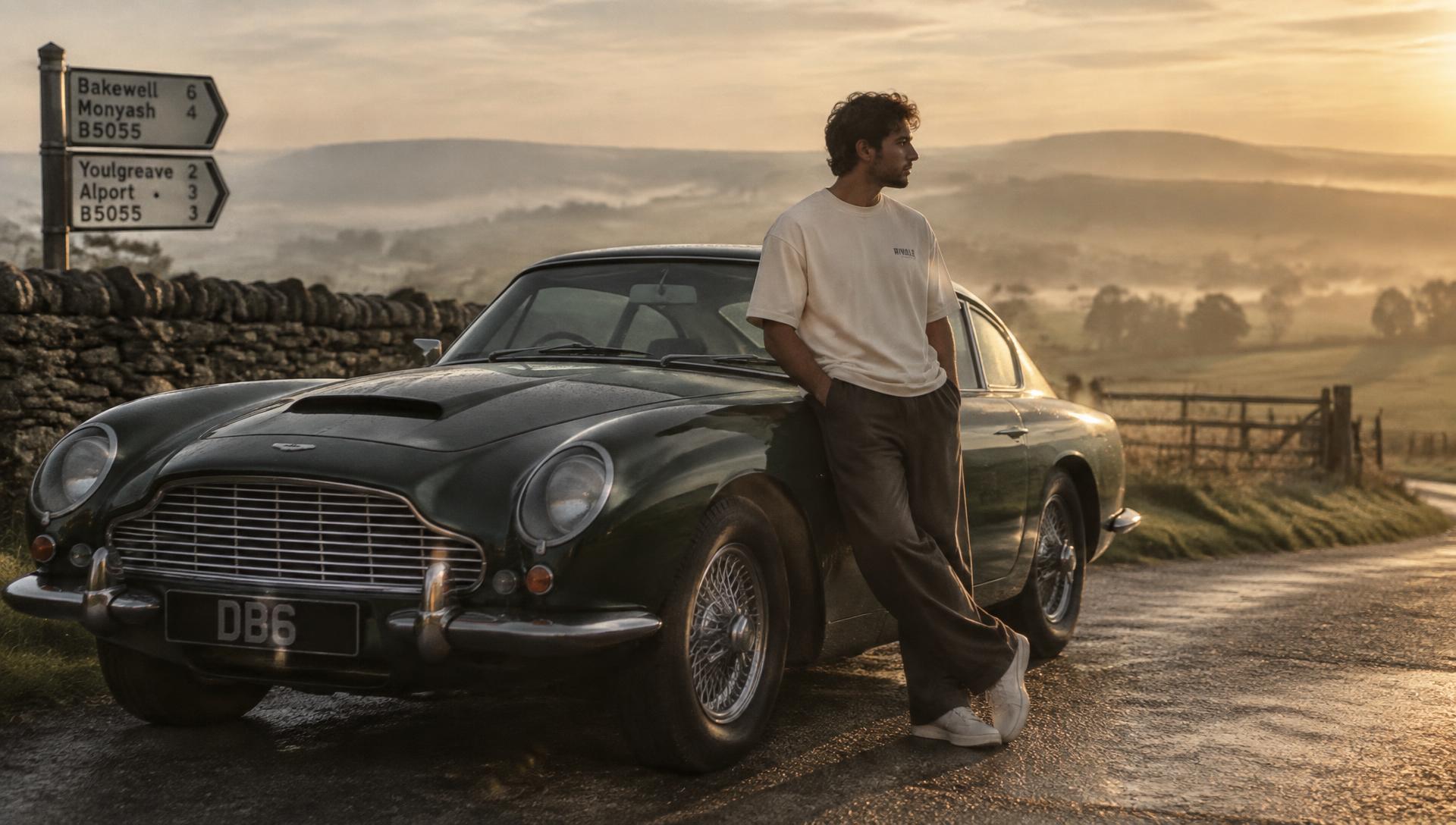Classic racing green sports car at sunrise with a model in a Retro tee
